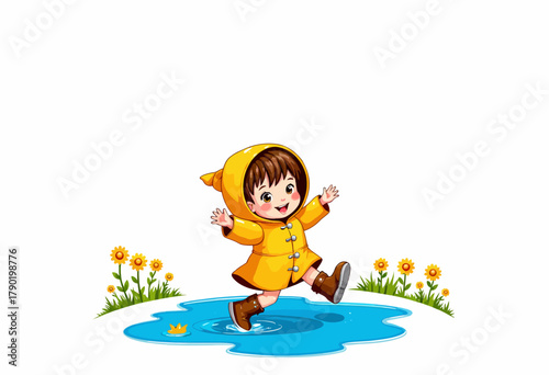 Joyful Child in Yellow Raincoat Happily Splashing in Puddle Surrounded by Flowers on a Bright Day
