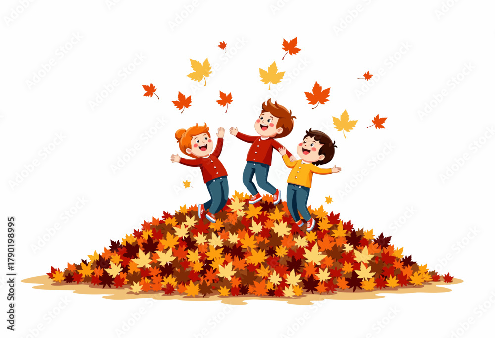 Fototapeta premium Children joyfully playing in a vibrant pile of autumn leaves, expressing delight and freedom amidst the colorful seasonal foliage in a playful outdoor scene
