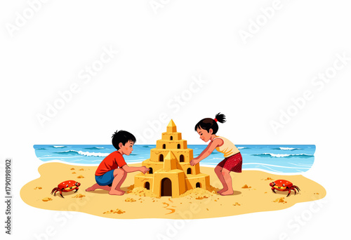 Children Building an Intricate Sandcastle on a Sunny Beach by the Ocean with Surrounding Sand and Crabs