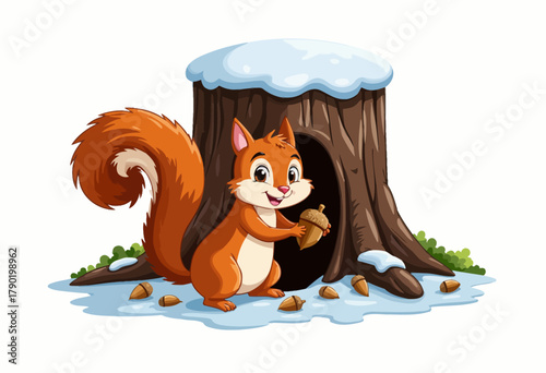 Cheerful Cartoon Squirrel Holding Acorn Next to Snow-Covered Tree Stump in Winter Forest Scene Illustration