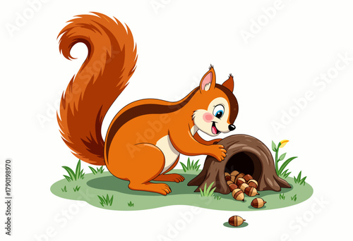 Colorful illustration of a playful squirrel gathering and storing numerous acorns in a hollow log amidst green grass and small yellow flowers