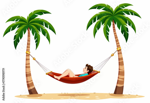 Relaxing Scene of a Person Resting in a Hammock Suspended Between Two Tropical Palm Trees on a Sandy Beach