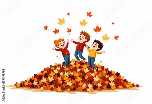 Children joyfully playing in a vibrant pile of autumn leaves, expressing delight and freedom amidst the colorful seasonal foliage in a playful outdoor scene