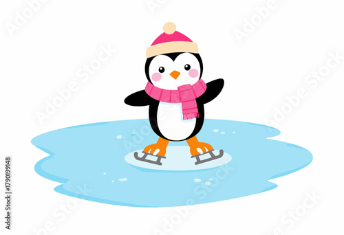Adorable Penguin Wearing Winter Attire Joyfully Ice Skating on a Frozen Lake Under a Clear Blue Sky in a Cartoon Illustration