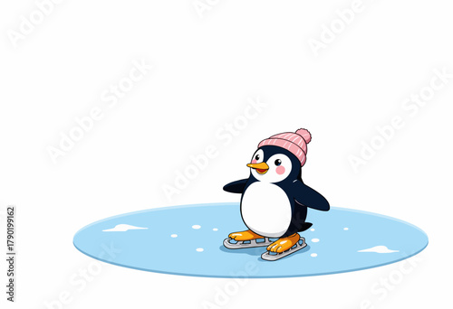 Adorable Penguin Skating on Ice with Cozy Winter Hat Showcasing Joyful Winter Adventures in a Whimsical Cartoon Illustration