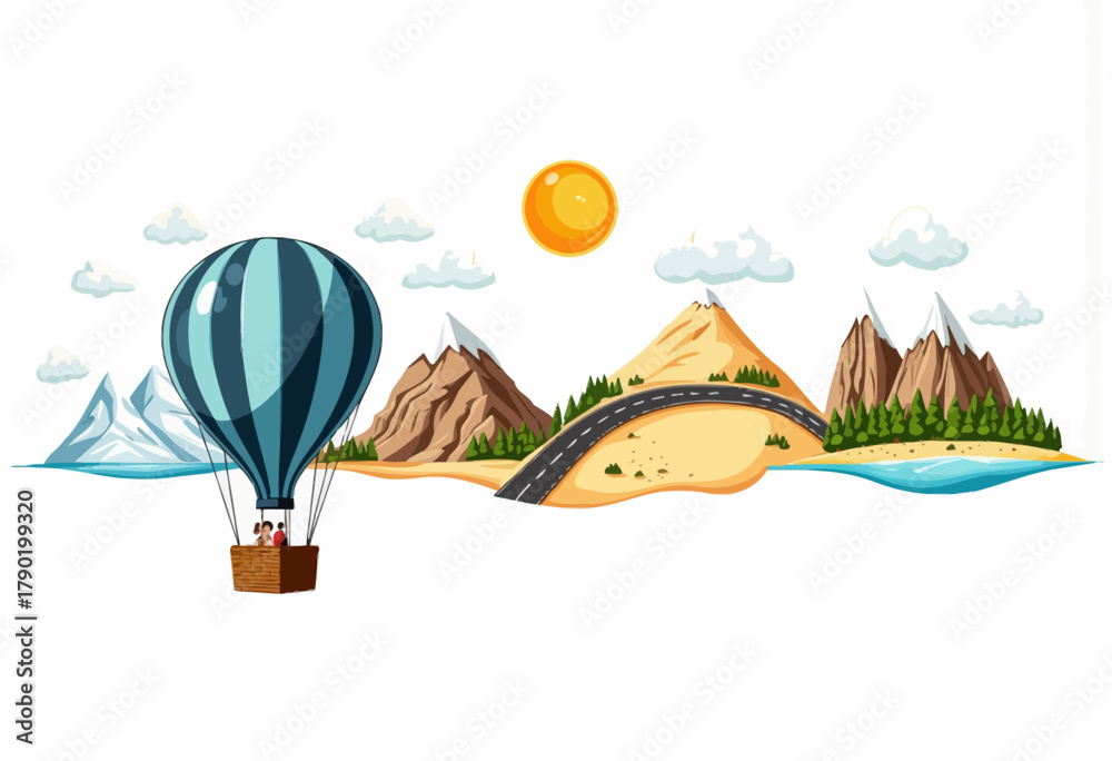 Naklejka premium A Vibrant Hot Air Balloon Adventure Over Diverse Landscapes Including Mountains, Forests, and Roads Under a Bright Sunlit Sky