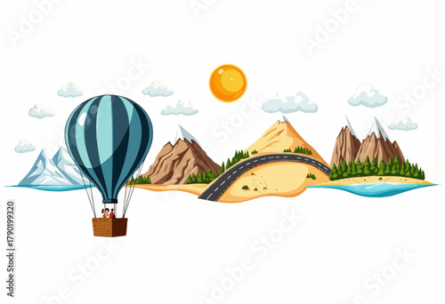 A Vibrant Hot Air Balloon Adventure Over Diverse Landscapes Including Mountains, Forests, and Roads Under a Bright Sunlit Sky