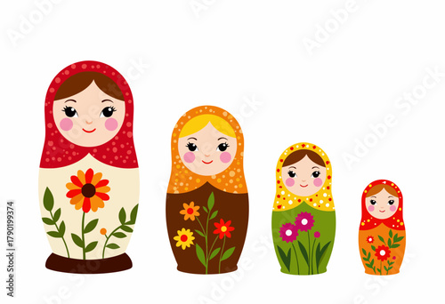 Colorful nested Russian dolls with intricate floral designs lined up in descending order, symbolizing tradition and creativity in cultural crafts