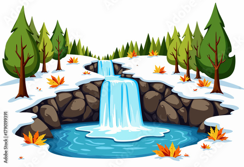 Enchanting Autumn Scene with Cascading Waterfall, Surrounded by Snow-Capped Rocks and Forested Landscape of Evergreen Trees and Colorful Fall Leaves