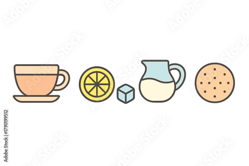 Hot beverage ingredients icons set with cup lemon slice sugar and milk pitcher
