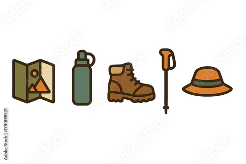 Essential gear for adventure travel: navigation map, hydration bottle, durable footwear, trekking pole, and sun protection