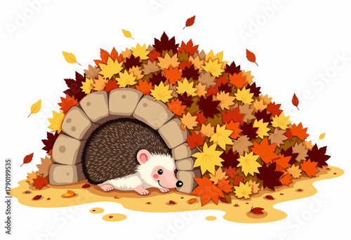 Adorable Hedgehog Nestles Comfortably in a Cozy Pile of Vibrant Autumn Leaves Under a Stone Archway Shelter