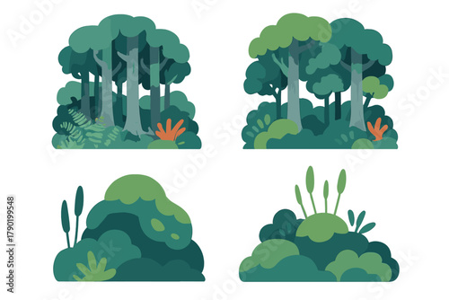 Stylized forest and dense green foliage elements collection