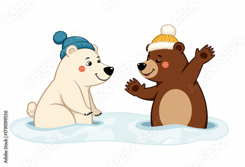 Adorable Polar Bear and Brown Bear in Winter Hats Playing on Ice with Snowy Scene and Cheerful Expressions