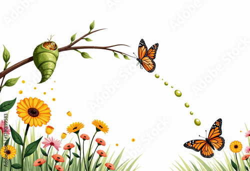 A vibrant illustration of butterflies emerging from a chrysalis on a tree branch, surrounded by colorful blooming flowers in a lively garden setting
