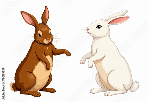 Illustration of Two Cartoon Rabbits Standing on Hind Legs with Brown and White Fur Featuring Expressive Faces and Pink Ears on a Plain Background