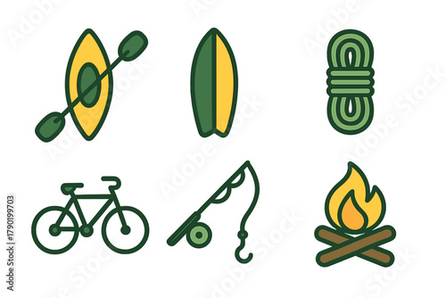 Outdoor recreation and adventure activity icons featuring kayak, surfboard, and campfire