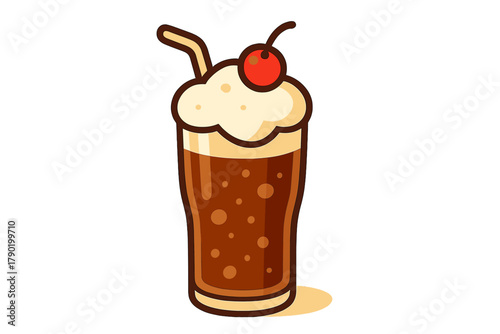 Classic root beer float dessert served in tall glass with cherry topping