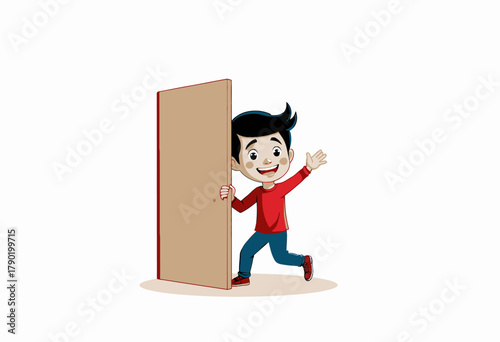 Illustration of a Cheerful Boy Waving and Smiling While Standing Near an Open Door in a Welcoming Gesture