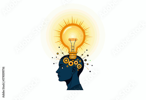 Illustration of a human silhouette with an illuminated light bulb above the head, symbolizing creativity, innovation, and diverse ideas in a technological context