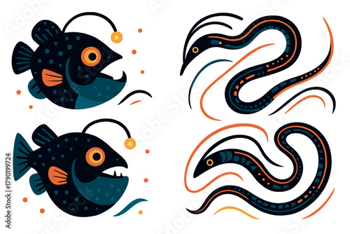 Stylized deep sea anglerfish and eel aquatic creatures collection