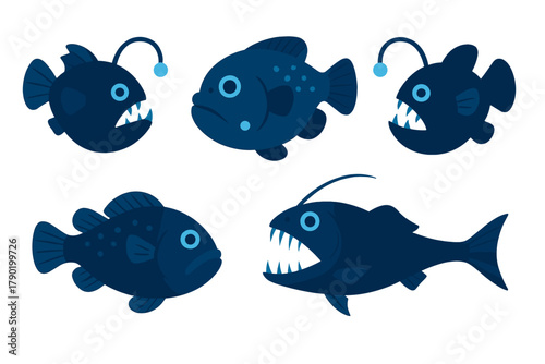 Deep sea anglerfish characters with sharp teeth and glowing lure
