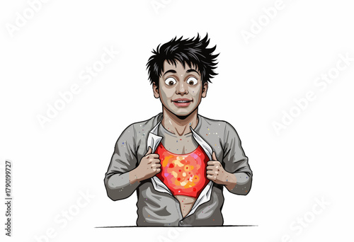 Excited Cartoon Character Revealing Bright Cosmic Power Hidden Beneath Plain Shirt in Surprising Transformation