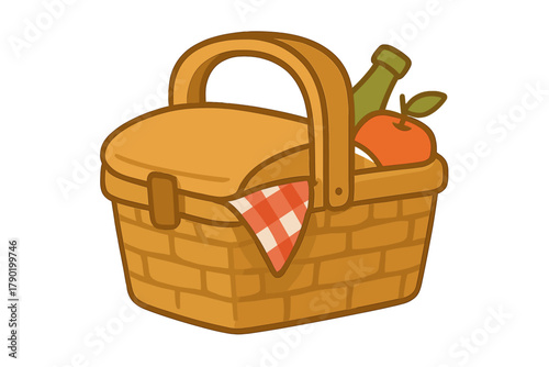 Woven picnic basket filled with food and checkered cloth detail