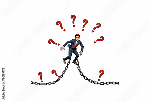 Illustration of a person in a suit breaking free from chains surrounded by question marks, symbolizing liberation from confusion or uncertainty
