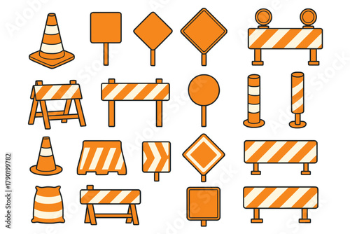 Orange and white traffic control devices and safety signs for road work