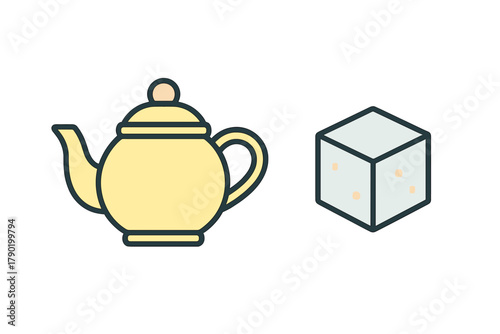 Yellow teapot and gray sugar cube icon set for kitchen service