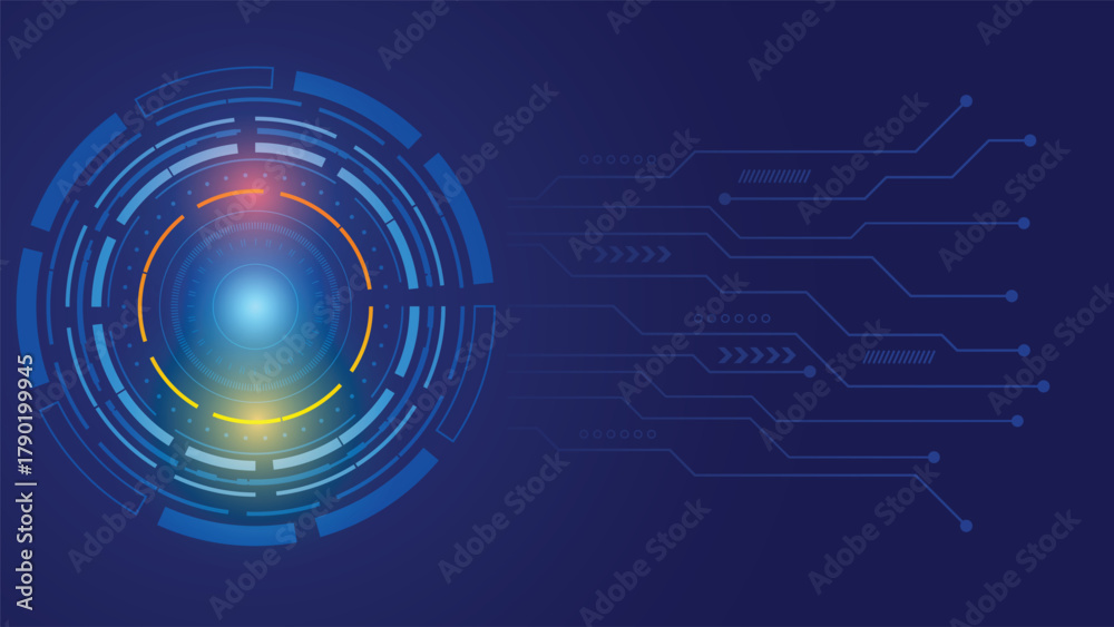 Obraz premium Futuristic technology background with glowing blue circular interface and digital lines, perfect for innovation, AI, data, and modern technology concepts.