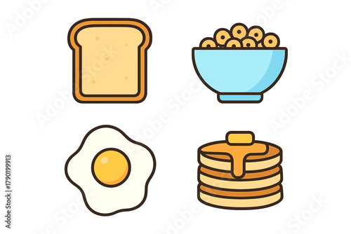 Classic breakfast food icons featuring toast, cereal, fried egg, and pancakes