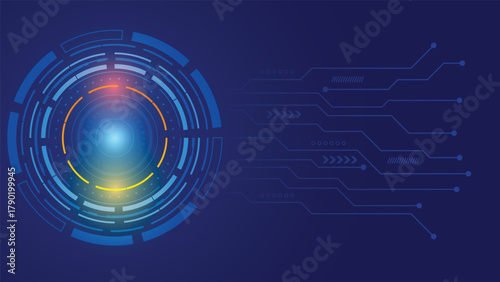 Futuristic technology background with glowing blue circular interface and digital lines, perfect for innovation, AI, data, and modern technology concepts.