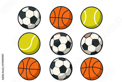 Various sports balls icons for soccer, basketball, and tennis games
