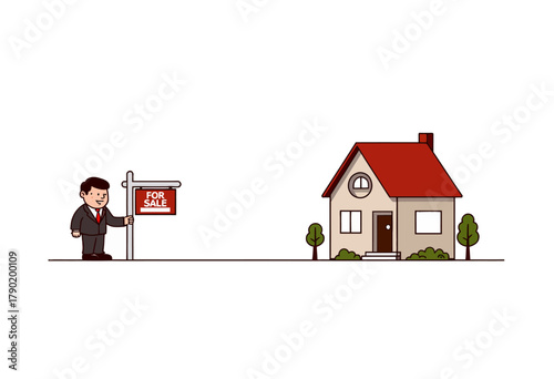 Illustration of a realtor standing next to a 'For Sale' sign with a charming, small house in the background, complete with red roof and surrounding greenery