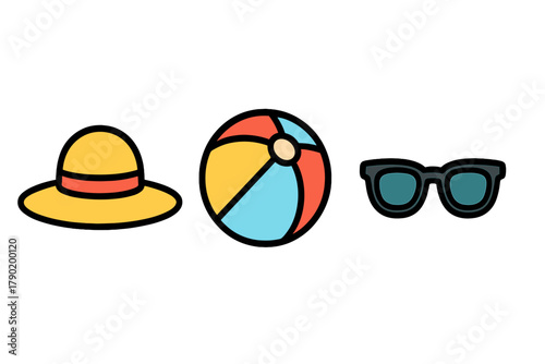 Set of summer vacation icons featuring straw hat, beach ball, and sunglasses