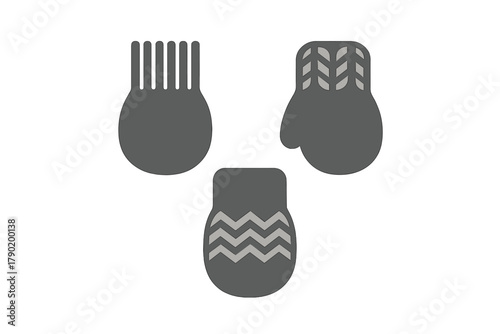 Three winter handwear icons featuring mittens and fingerless gloves