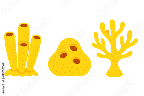 Collection of yellow sea sponges and coral shapes isolated on white background
