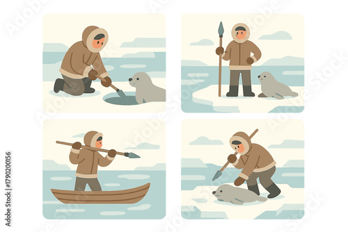 Inuit hunter interacting with seals on arctic ice environment