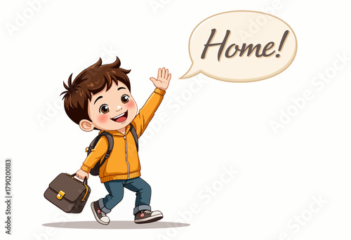 Cheerful young boy with backpack and briefcase joyfully returning home, waving enthusiastically with excitement and happiness on his face