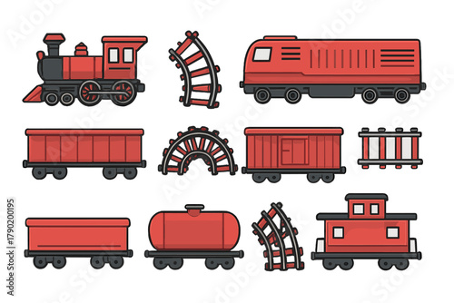 Red steam locomotive engine rolling stock and track components set