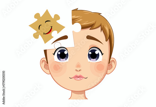 Illustration of a Child's Face with a Puzzle Piece Missing, Revealing a Smiling Cartoon Piece Above the Head Representing Creativity and Imagination