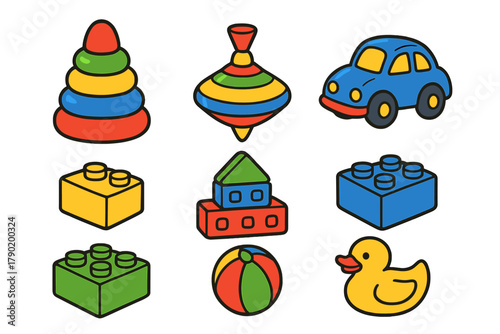 Colorful classic children's toys icons collection