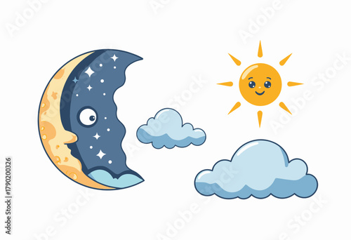 Whimsical Cartoon Scene Featuring a Starry Night Sky with a Playful Moon and a Happy Sun Over Fluffy Clouds in a Charming Day-Night Transition