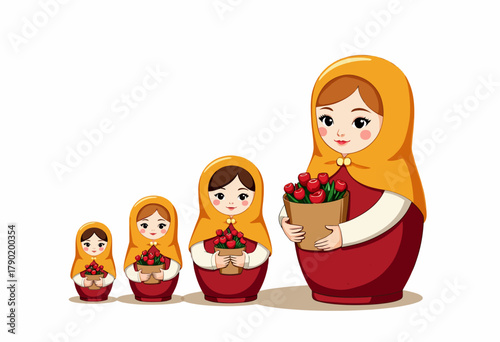 Illustration of Traditional Wooden Nesting Dolls in Graduated Sizes with Decorative Red Flowers on White Background