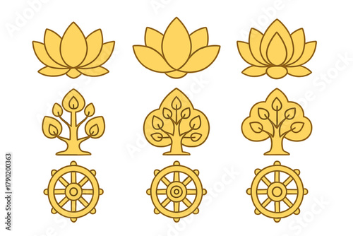 Golden Buddhist symbols: lotus flower, bodhi tree, and dharma wheel outline