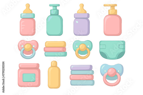 Pastel baby care supplies icons featuring bottles and pacifiers