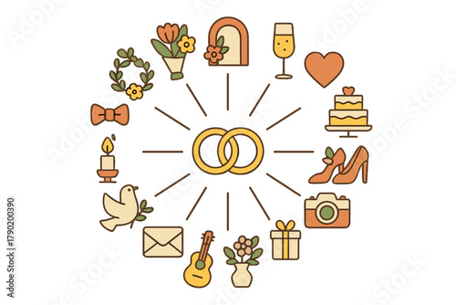 Stylized wedding celebration icons surrounding interlocking gold rings