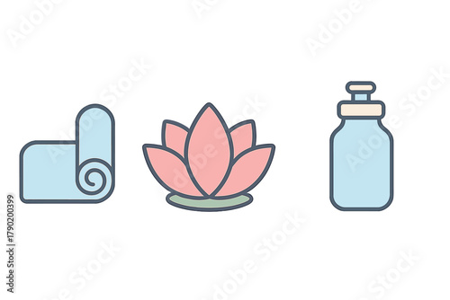 Rolled yoga mat lotus flower and essential oil bottle icons